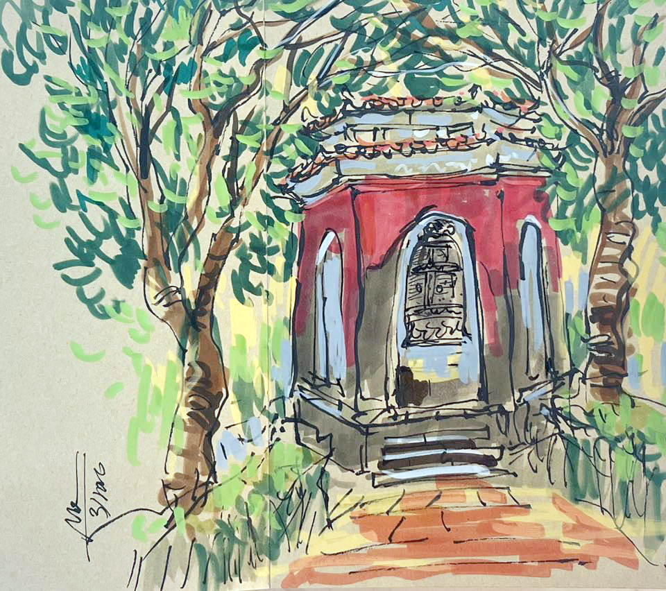 Quả chuông cổ đặt trong lầu lục giác được đúc năm 1846 - ký họa của họa sĩ Trần Bình Minh.jpg