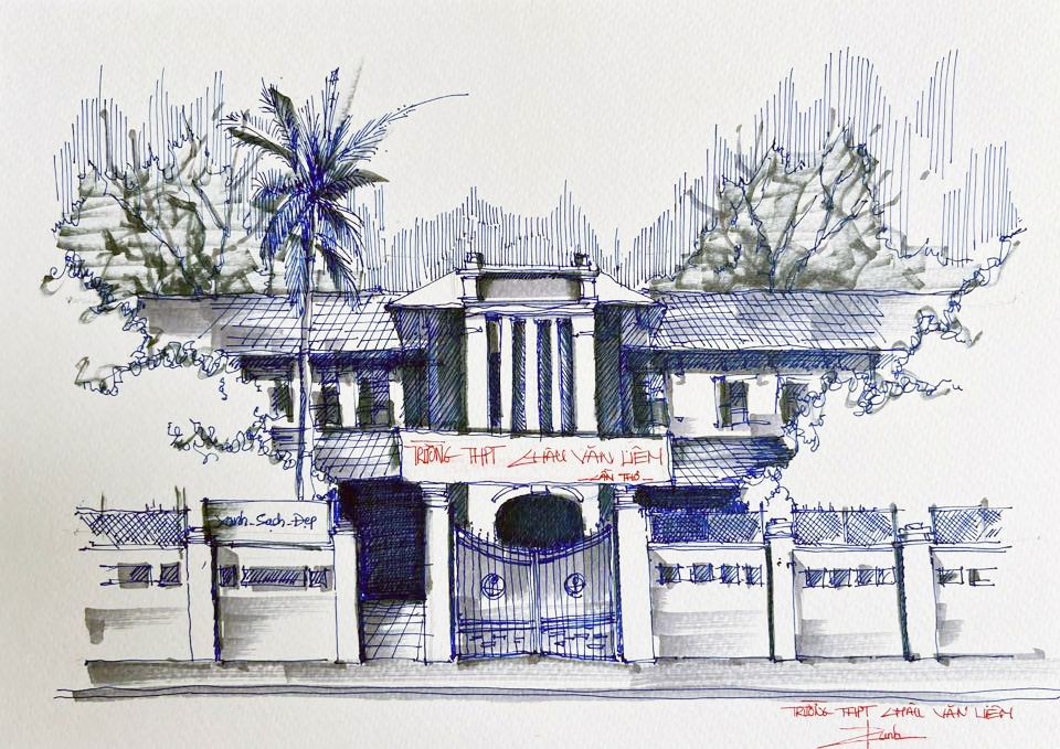 Trường THPT Châu Văn Liêm đã hơn 100 năm tuổi - ký họa của Trình Ngọc Danh - SV Trường ĐH Kiến trúc Đà Nẵng