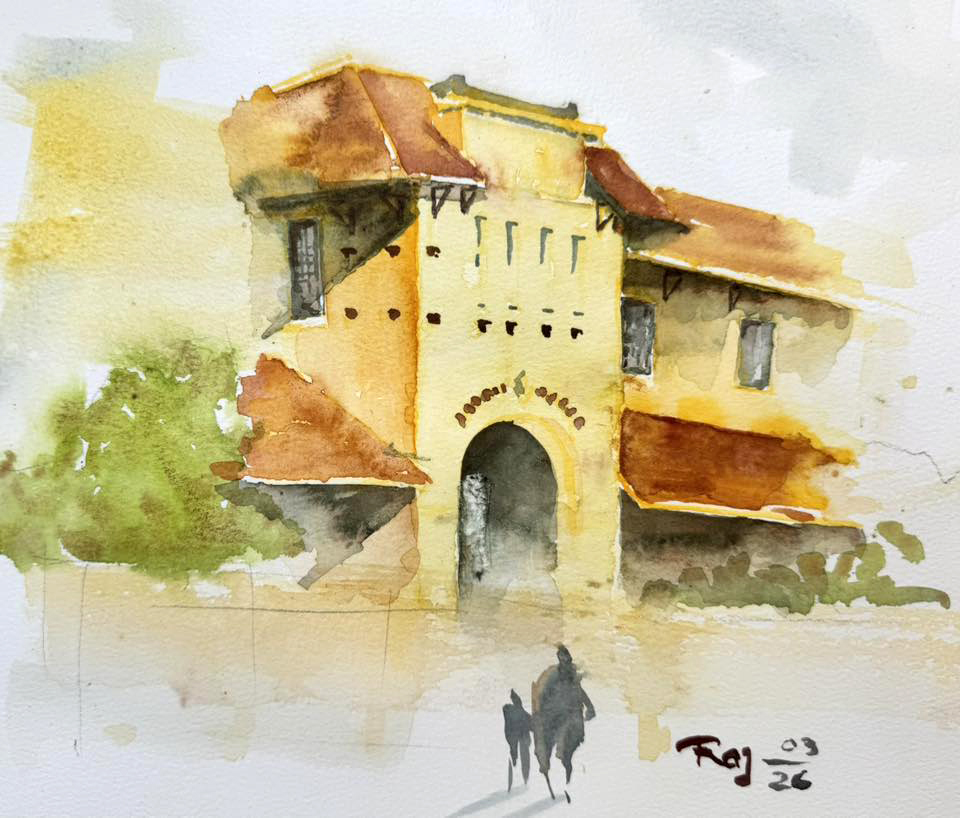 Ngói đỏ, tường vàng, cửa xanh (xám), cổng vòm là một trong những đặc điểm nhận diện đặc trưng của kiến trúc Pháp thuộc địa - ký họa của KTS Hà Vũ