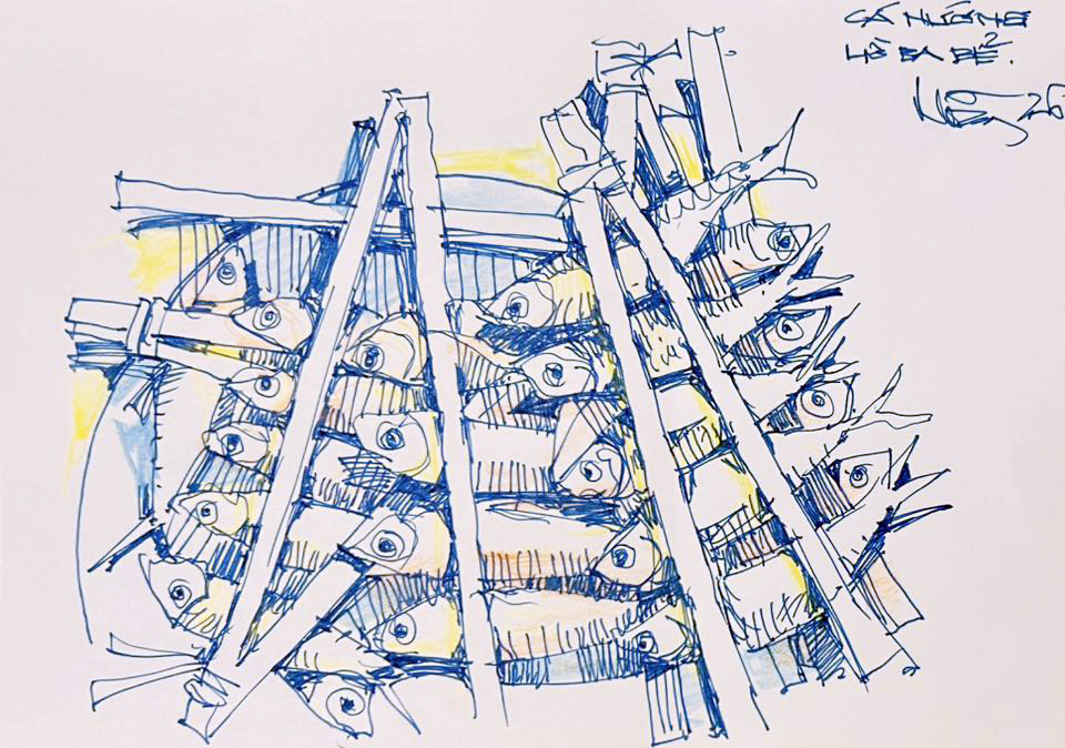 Cá nướng hồ Ba Bể - ký họa của KTS Trần Xuân Hồng