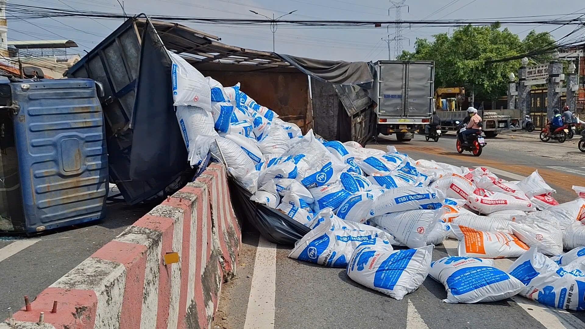 Xe tải lật ngang trên quốc lộ 1 ở Đồng Tháp sau cú đánh lái tránh xe đạp điện - Ảnh 1.