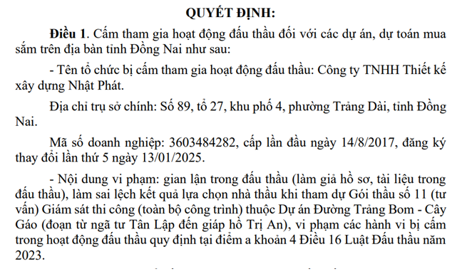 Đồng Nai: Cấm đấu thầu 4 năm với Công ty Nhật Phát do gian lận - Ảnh 1.