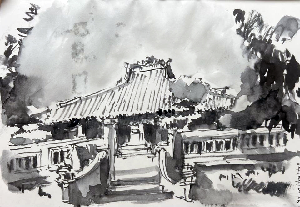 Chánh điện chùa Giác Lâm, sân vuông cạnh 16m, cao nền 1m, hai lớp hàng rào xây từ 1900-1909 - ký họa của KTS Phan Đình Trung