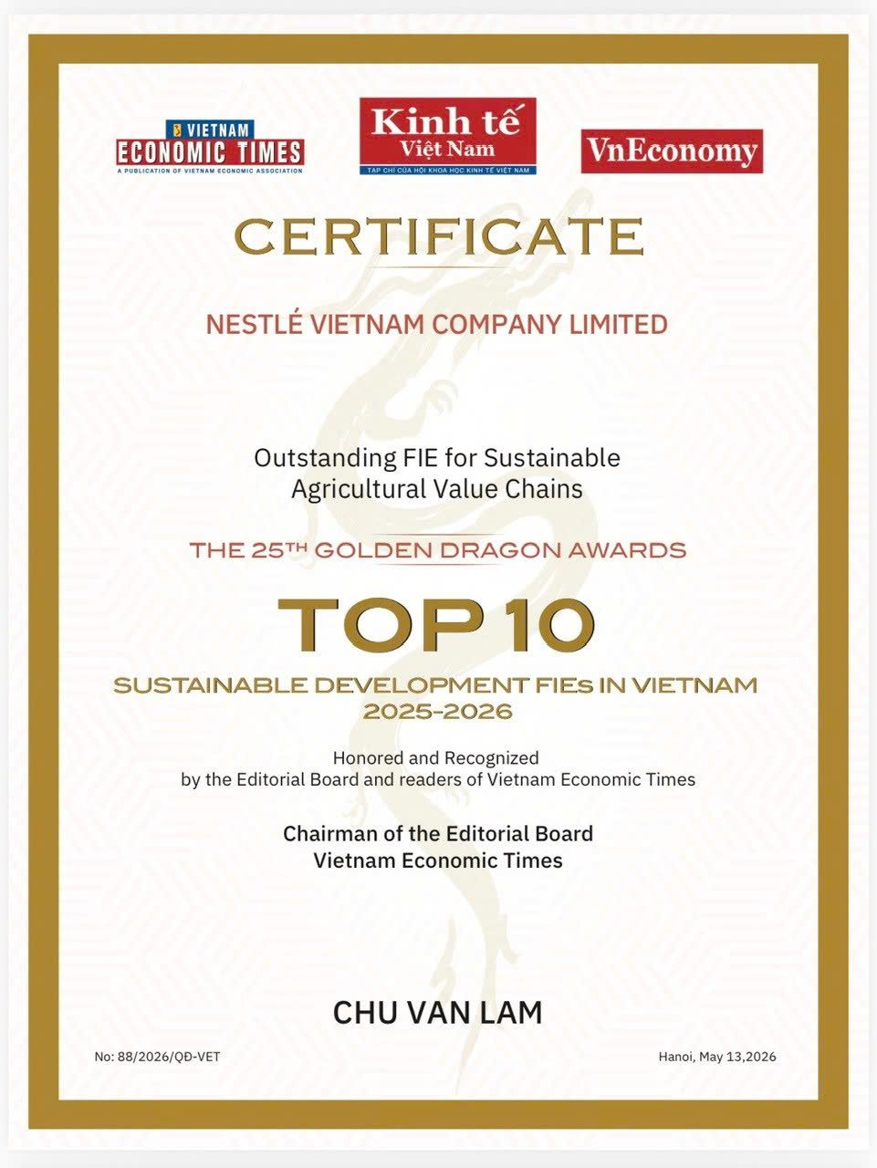   Nestlé Việt Nam nhận giải thưởng Rồng Vàng phát triển chuỗi giá trị nông nghiệp bền vững  - Ảnh 2.