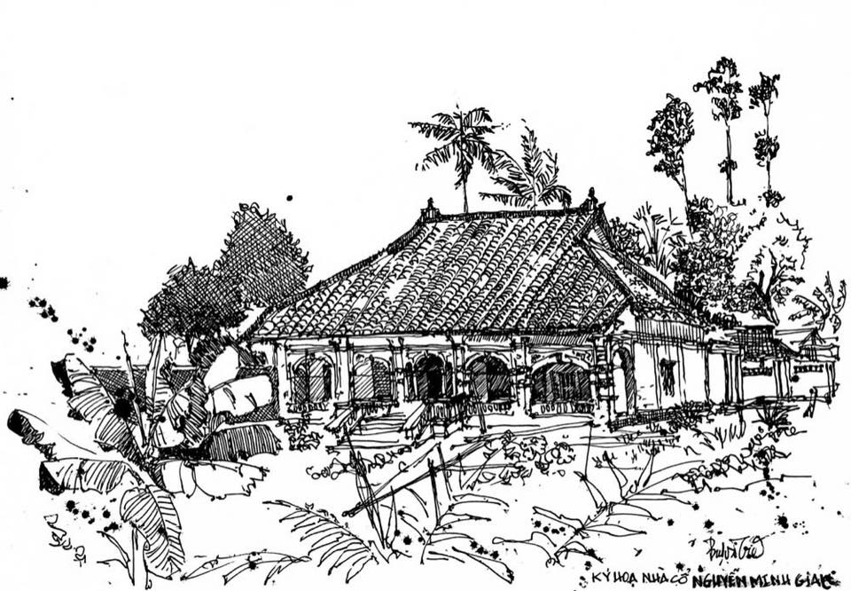 Căn nhà xuống cấp, xung quanh cỏ hoang mọc đầy - ký họa của Nguyễn Hoàng Trí
