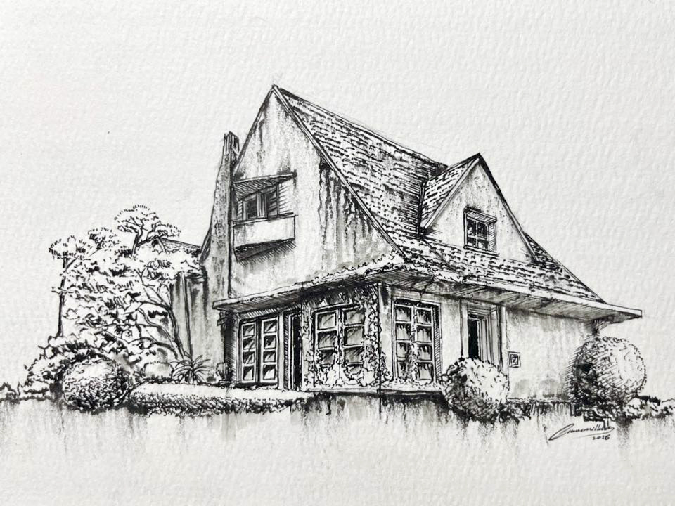 Một căn mang kiểu kiến trúc Normandie miền Bắc Pháp với mái có độ dốc lớn giúp thoát nước mưa hiệu quả - ký họa của họa sĩ Phạm Khôi.