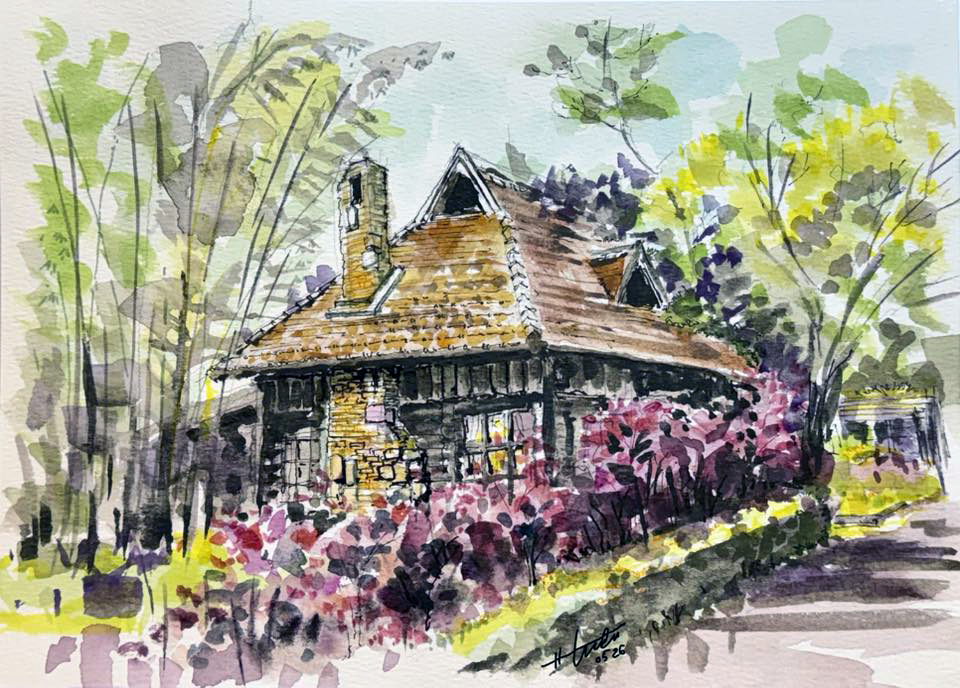 Căn nhà này mang phong cách Log Cabin, được dựng hoàn toàn từ các thân cây gỗ lớn nguyên khối - ký họa của KTS Phan Gia Hữu Tuấn
