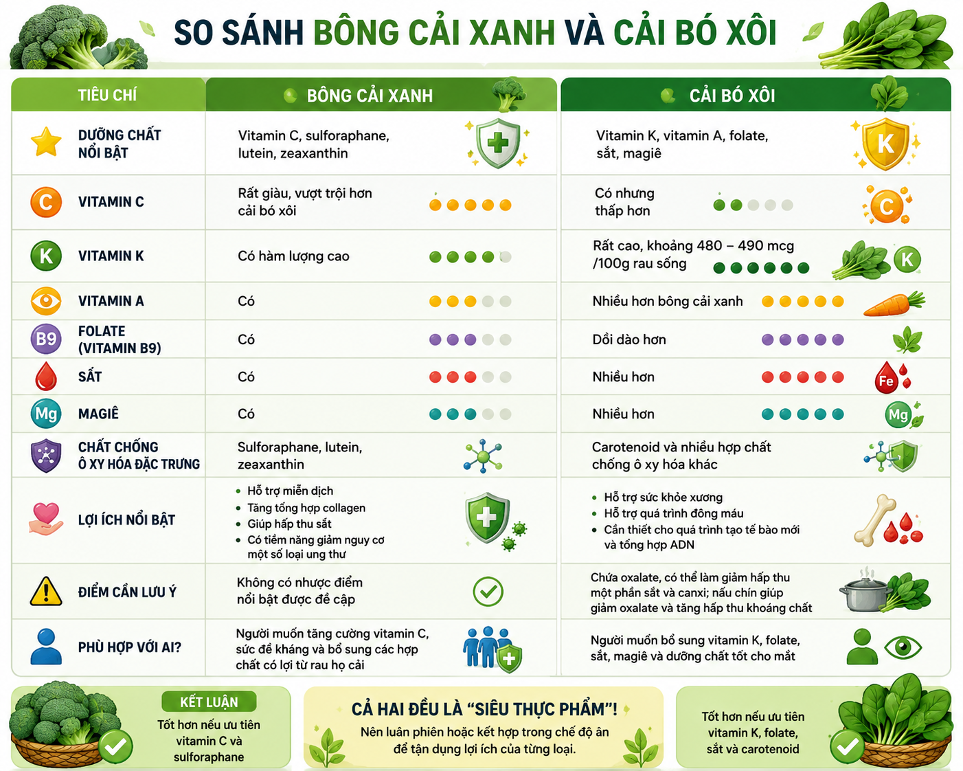 Bông cải xanh, cải bó xôi đều là 'siêu thực phẩm': Loại nào vượt trội hơn? - Ảnh 2.
