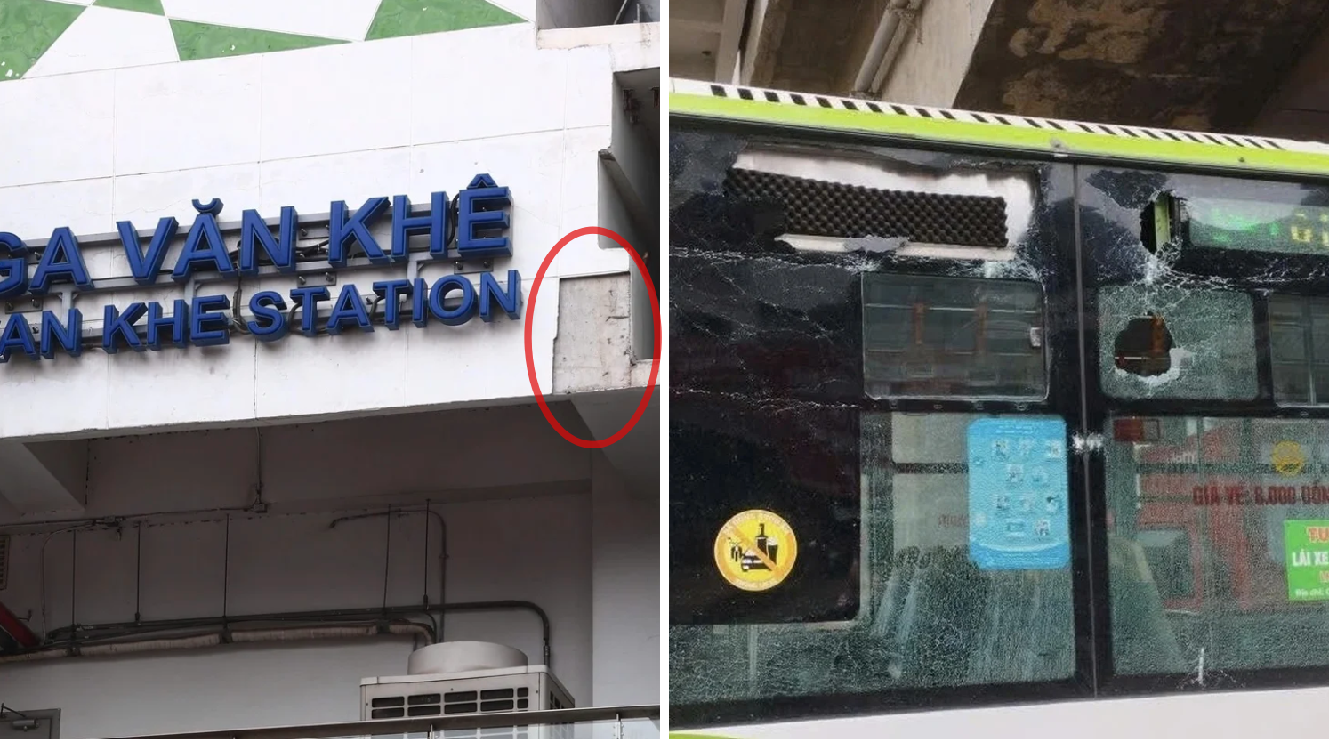 Vữa nhà ga metro Cát Linh - Hà Đông rơi vỡ kính xe buýt - Ảnh 1.