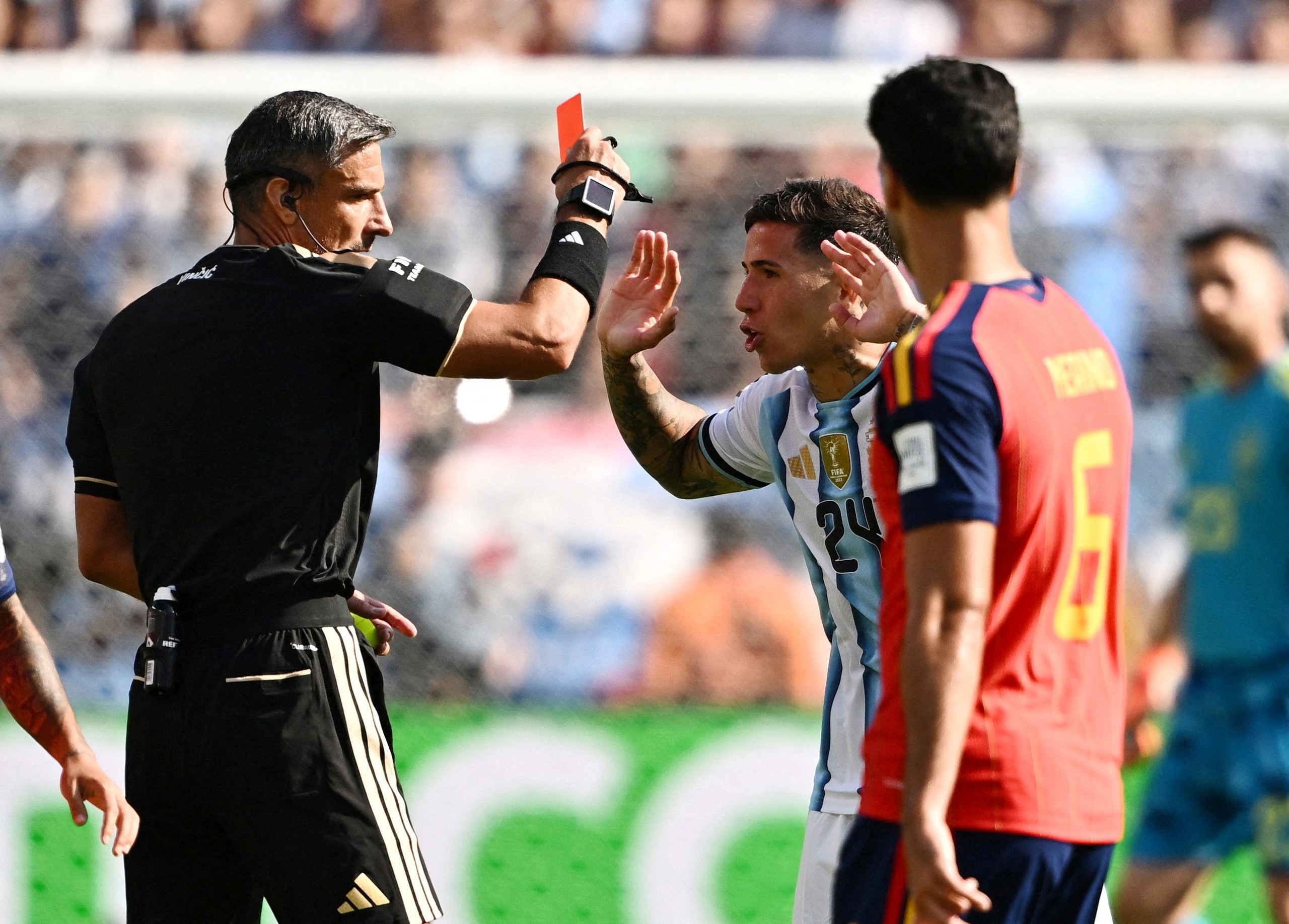 Enzo Fernandez received a red card in the 90+3 minute, reacted violently, and kicked the camera away.