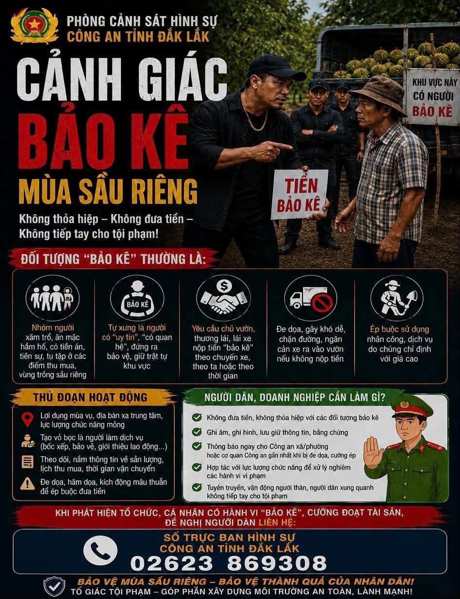 Công an Đắk Lắk cảnh báo hoạt động 'bảo kê' sầu riêng
- Ảnh 1.