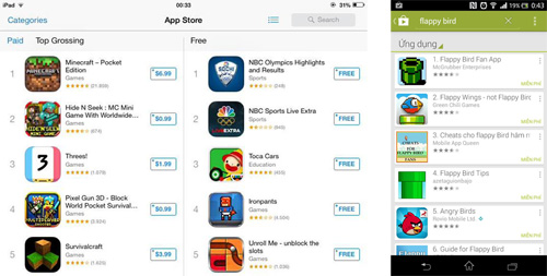 Flappy Bird hiện đã không còn thấy xuất hiện trên App Store (trái) và Google Play - Ảnh chụp màn hình