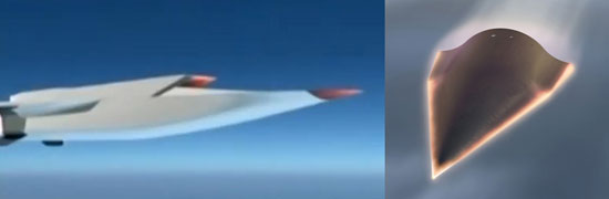 WU-14 của Trung Quốc (trái) có nguyên lý tương tự HTV-2 của Mỹ - Ảnh: CCTV/Darpa