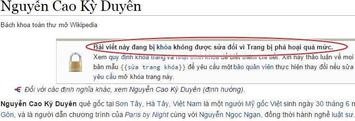 Wiki Nguyễn Cao Kỳ Duyên phải khóa vì bị phá hoại quá mức 