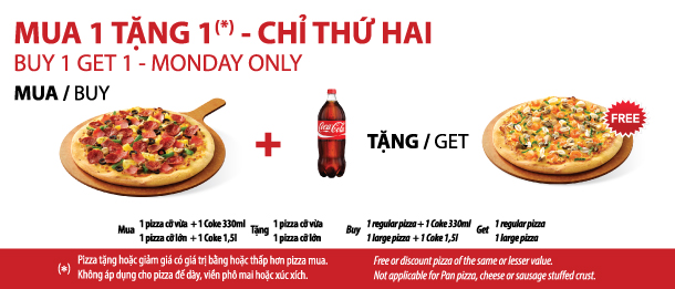 Mua 1 pizza và nước tặng ngay 1 pizza cùng cỡ tại Pizza Hut Delivery vào thứ Hai hàng tuần 1