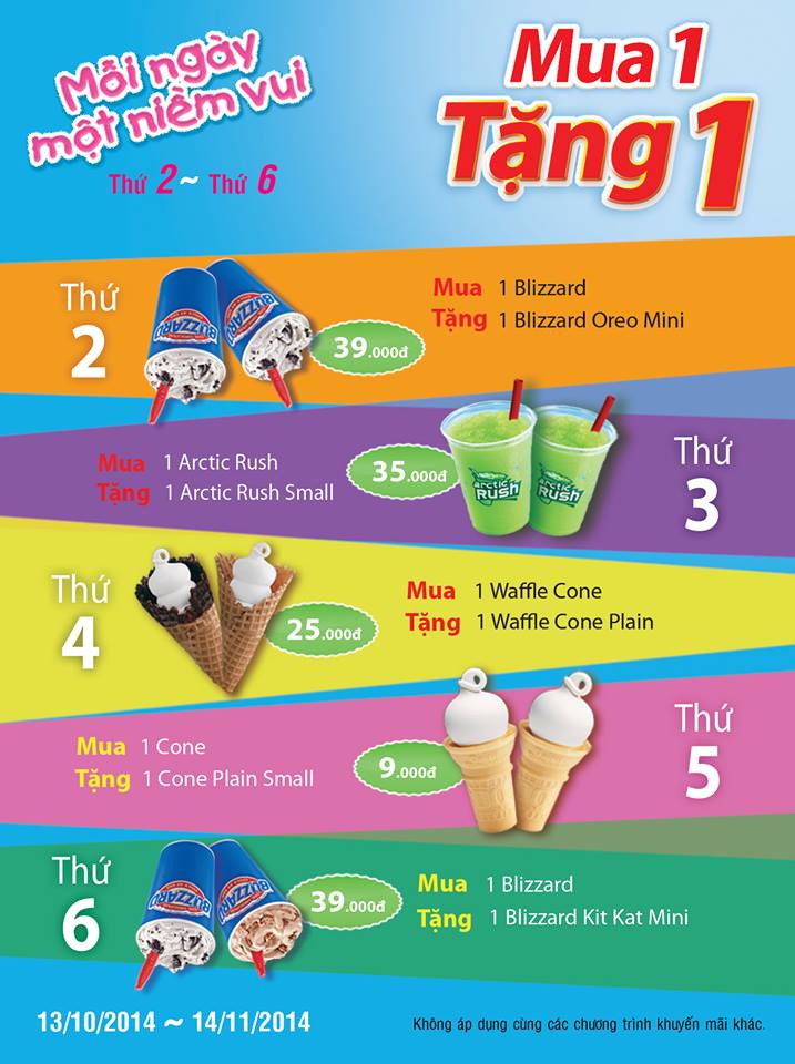 Ưu đãi đặc biệt 'Mua 1 tặng 1' từ thứ 2 đến thứ 6 hàng tuần trong tháng 11.2014 tại Dairy Queen 1