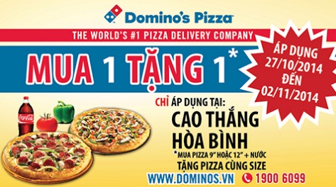 Megaweek (27.10 - 2.11): Mua 1 pizza & nước tặng ngay 1 pizza tại Domino's Pizza Cao Thắng và Hòa Bình 1