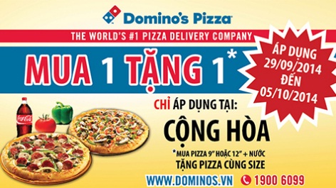 Megaweek (29.9 - 5.10): Mua 1 pizza & nước tặng ngay 1 pizza tại Domino's Pizza Cộng Hòa 1