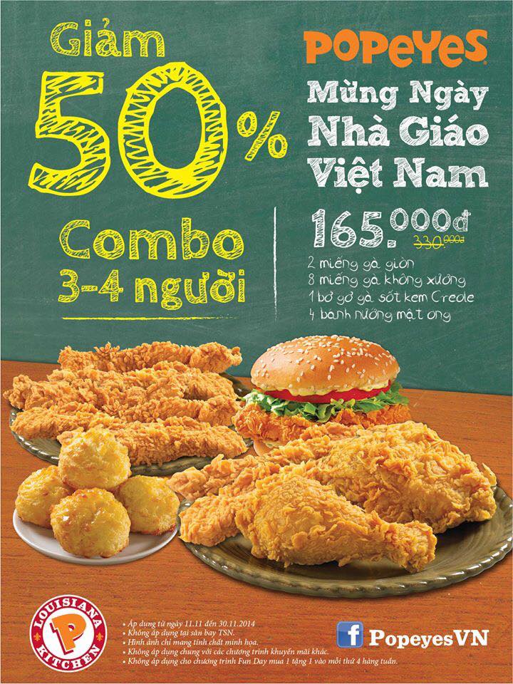 Hấp dẫn combo dành cho 3-5 người giảm 50% chỉ còn 165.000đ tại Popeyes mừng ngày Nhà Giáo Việt Nam 1