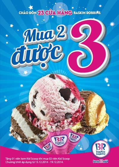 'Mua 2 được 3' tại Baskin Robbins từ 15 đến 19.12 1