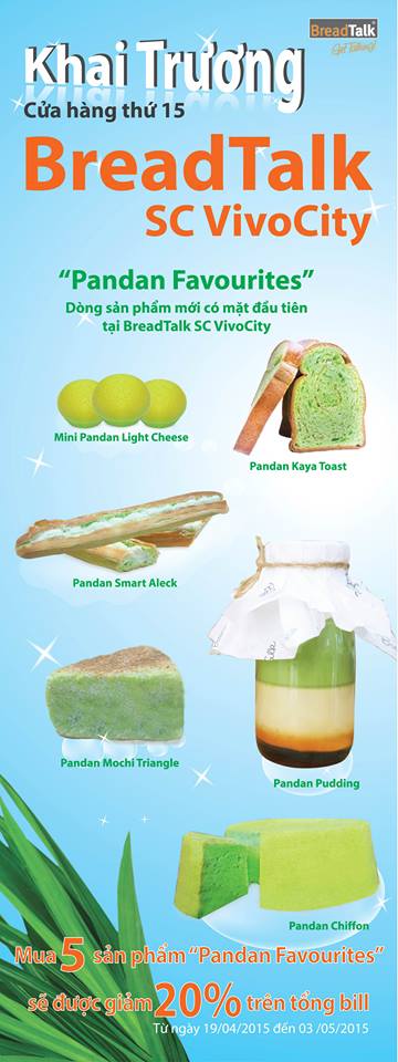 Dùng thử dòng sản phẩm 'Pandan Favourites' làm từ lá dứa cùng nhiều ưu đãi hấp dẫn tại BreadTalk SC Vivo City