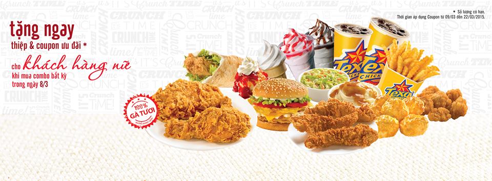 Tặng ngay thiệp và coupon ưu đãi cho khách hàng nữ khi mua combo bất kỳ trong ngày 8.3 tại Texas Chicken 1