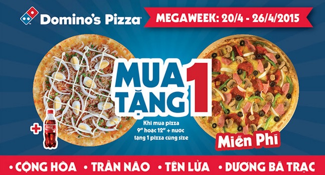 Megaweek (20.4 - 26.4): Mua 1 pizza & nước tặng ngay 1 pizza tại Domino's Trần N&atilde;o, Dương B&aacute; Trạc, Cộng H&ograve;a, T&ecirc;n Lửa  1