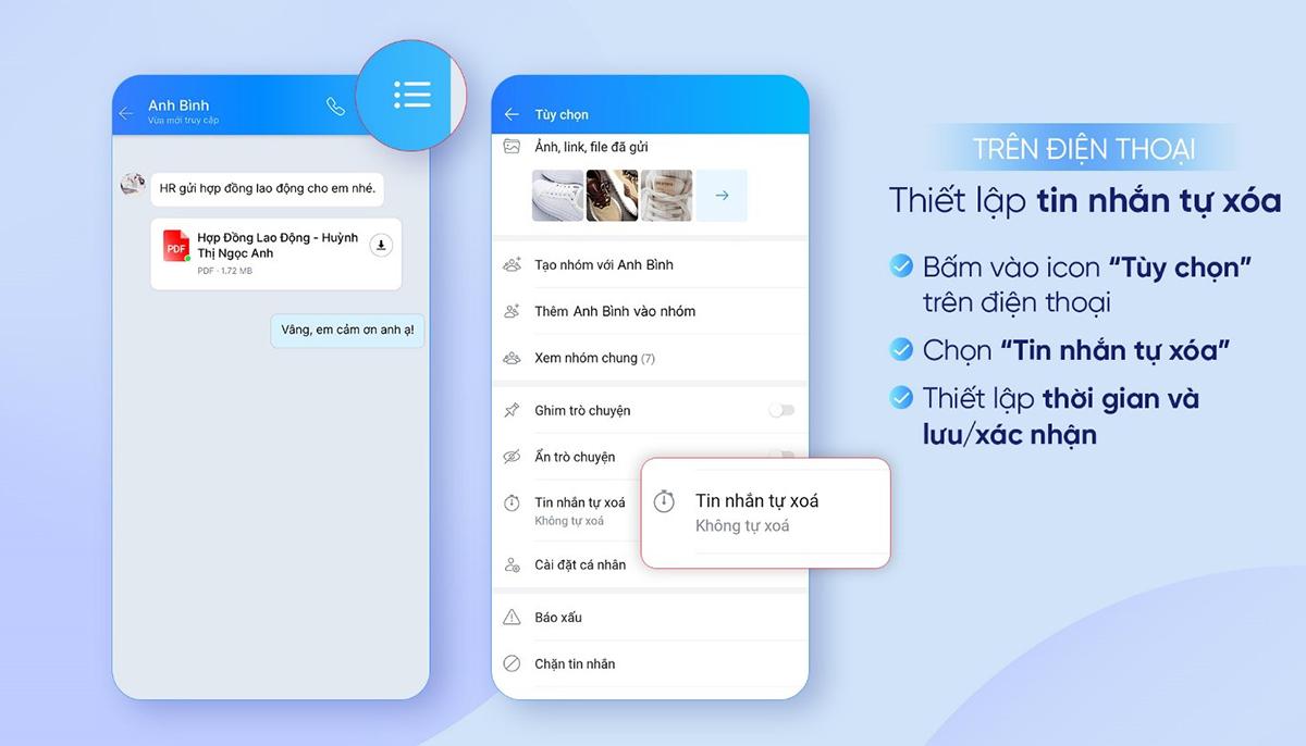 Bạn muốn tin nhắn của mình không bị lưu lại trên Zalo hay không? Nhờ tính năng tin nhắn tự xóa của Zalo được cập nhật vào năm 2024, bạn có thể dễ dàng lựa chọn thời gian để tin nhắn của mình bị xóa đi. Điều này sẽ giúp bạn giữ được sự riêng tư và bảo mật của thông tin cá nhân của mình trên Zalo.