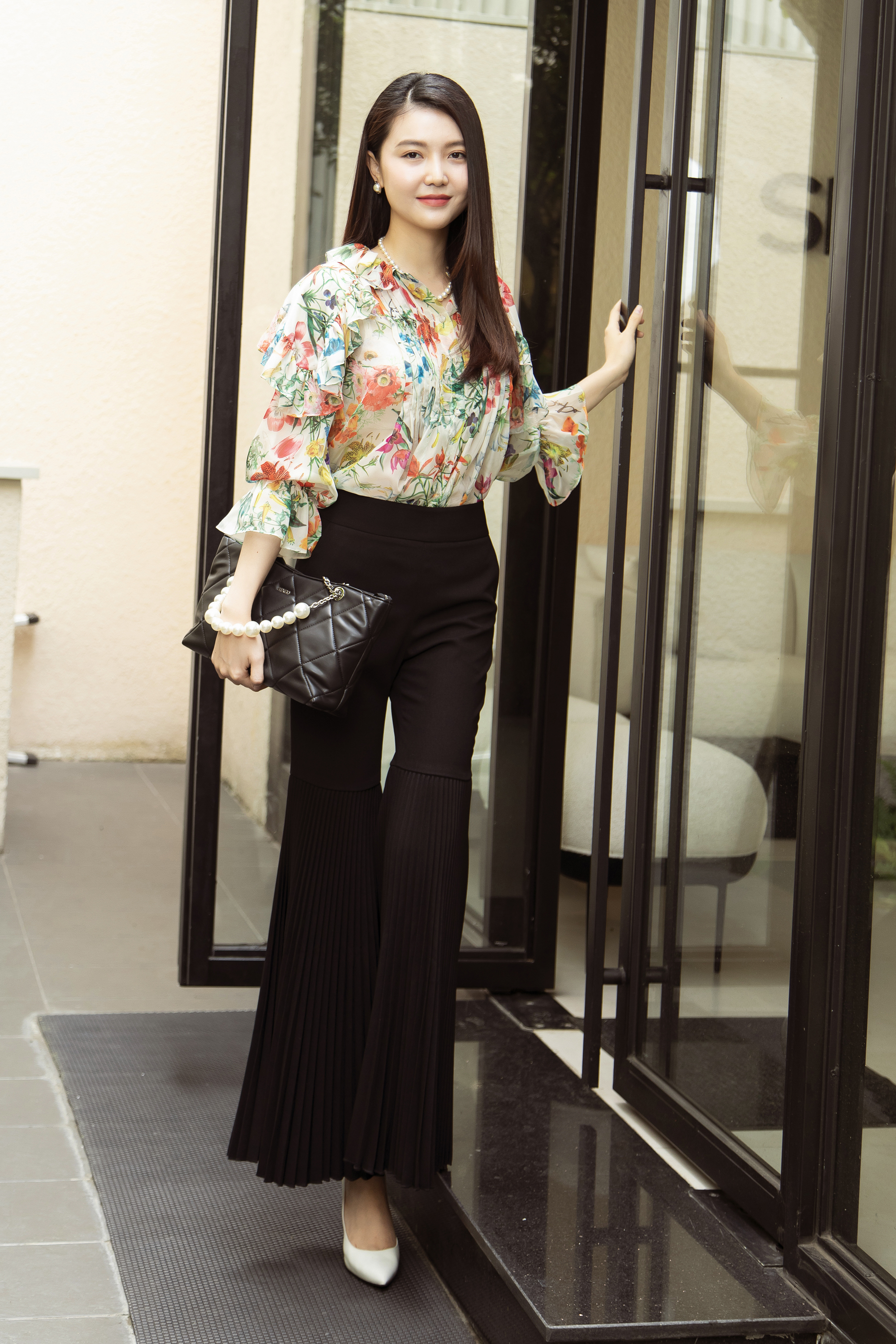 Đầm đen dáng xòe tay dài phối voan KK10330  Thời trang công sở KK Fashion