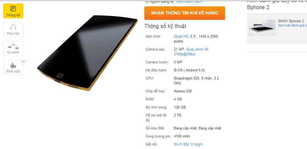 Hình ảnh công bố được cho là cấu hình chi tiết của Bphone 2 - Ảnh chụp màn hình
