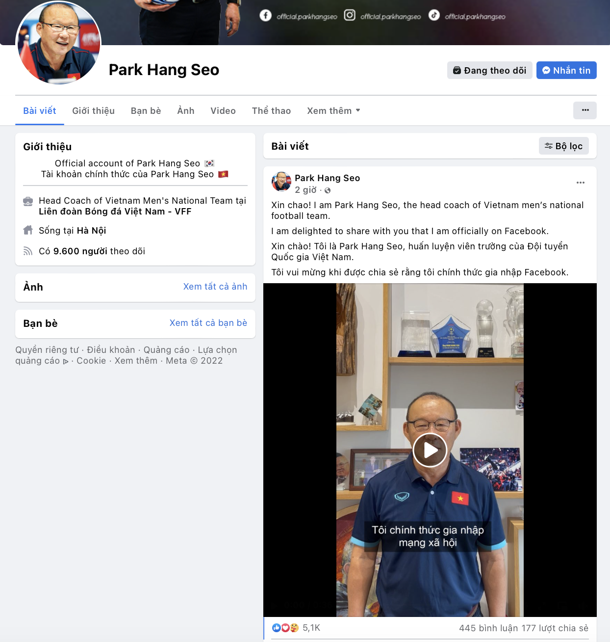 HLV Park Hang-seo không chỉ là một vị chiến lược gia xuất sắc mà còn là một người thân thiện và chân thành trên Facebook. Với những động thái bất ngờ của mình trên trang Facebook, anh đã thu hút được sự chú ý của hàng triệu người hâm mộ bóng đá trên toàn thế giới.