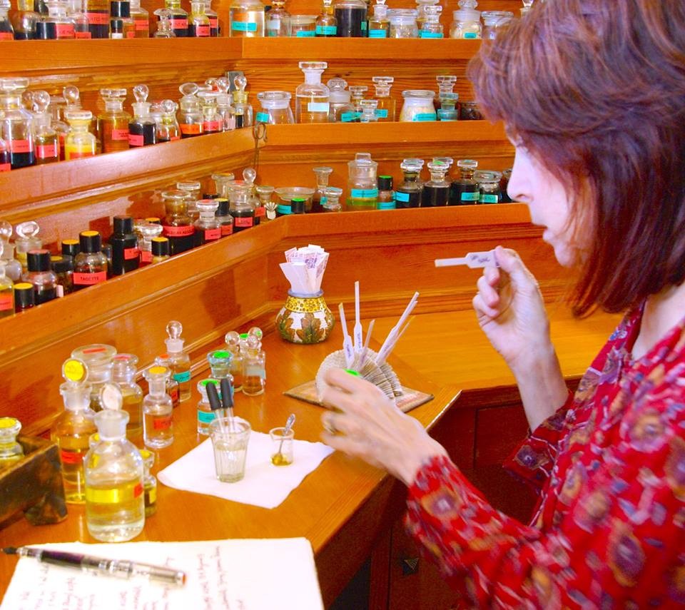 Mandy Aftel in her studio. Aftelier-studio-and-perfume-organ