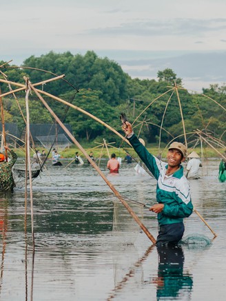 Lội bùn bắt cá tại lễ hội phá trằm Trà Lộc