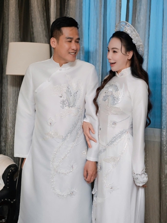 Hồ Quỳnh Hương thử áo dài cưới, chồng doanh nhân lần đầu lộ diện