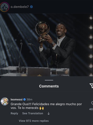 Messi và Mbappe chúc mừng Ousmane Dembele đoạt Quả bóng vàng, Ronaldo chưa biểu lộ cảm xúc