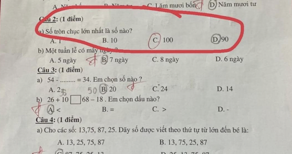 Số tròn chục lớn nhất là số nào trong các số 1, 10, 100 và 90?- Ảnh 1.