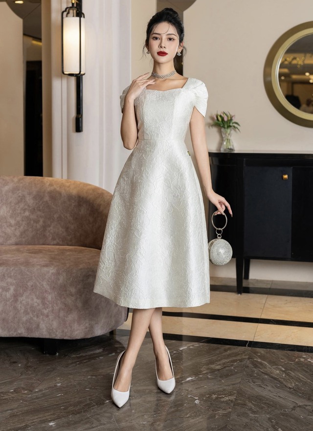 Đầm bầu đi tiệc chất vải tafta cao cấp ELLE DRESS màu nâu be phối hai dây  nơ by L'amme - Đầm bầu | ThờiTrangNữ.vn