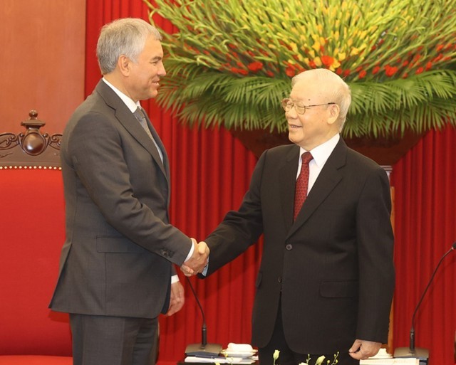Tổng Bí thư Nguyễn Phú Trọng tiếp Chủ tịch Duma Quốc gia Quốc hội Nga - Ảnh 1.