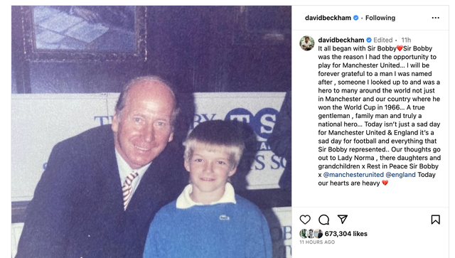 David Beckham tri ân Sir Bobby Charlton: ‘Hôm nay là một ngày buồn cho bóng đá’ - Ảnh 1.