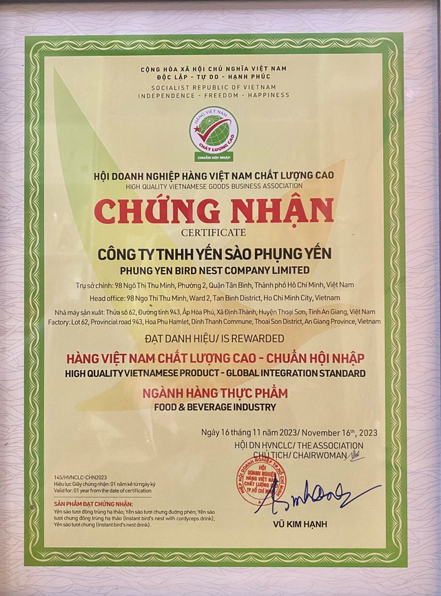 Yến sào cao cấp BankNest đạt chứng nhận Hàng Việt Nam chất lượng cao 2023 - Ảnh 1.
