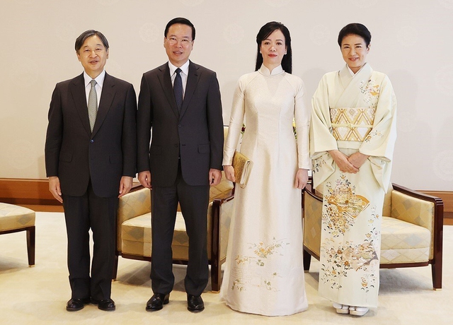 Chủ tịch nước Võ Văn Thưởng và phu nhân Phan Thị Thanh Tâm hội kiến  Nhà vua Naruhito cùng Hoàng hậu Nhật Bản MasakoẢnh: TTXVN