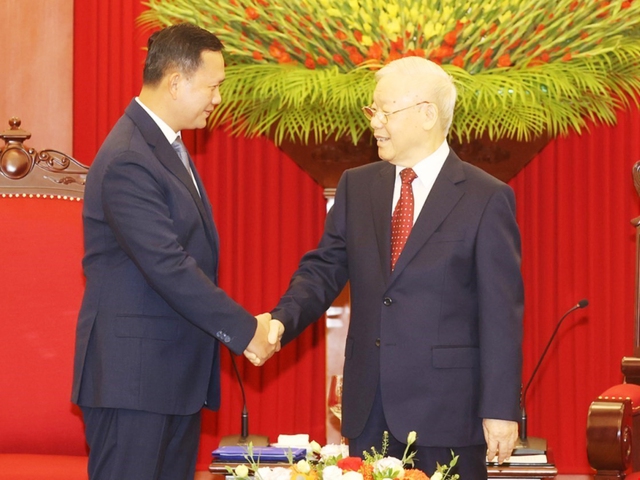 Tổng Bí thư Nguyễn Phú Trọng tiếp Thủ tướng Campuchia Hun ManetẢnh: TTXVN