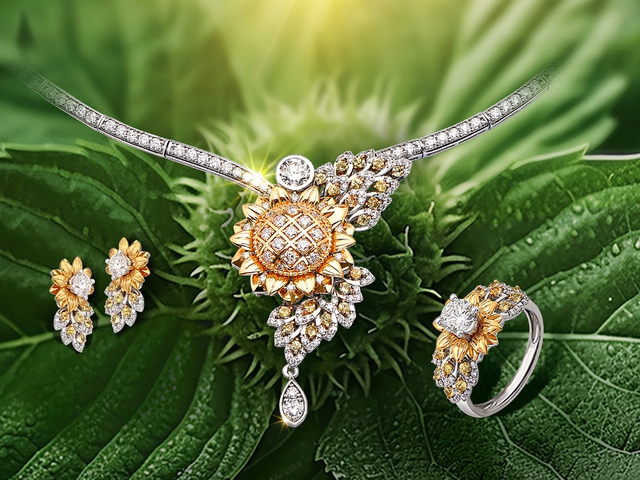 Điểm khác biệt độc đáo của bộ trang sức kim cương Sunnyva chính là phần nhụy hoa to được đính đầy kim cương tinh tuyển lấp lánh cũng phần dây đeo uốn lượn đẹp mắt. Ảnh: PNJ