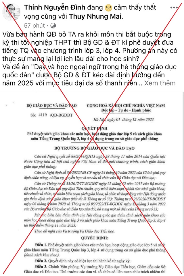 Cảnh báo xuyên tạc Quyết định phê duyệt sách giáo khoa tiếng Trung Quốc lớp 3, 4 - Ảnh 2.