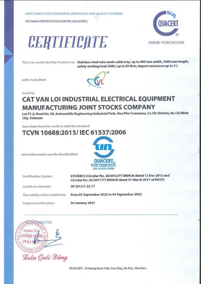Máng cáp dạng lưới CVL đạt chứng nhận hợp chuẩn IEC 61537