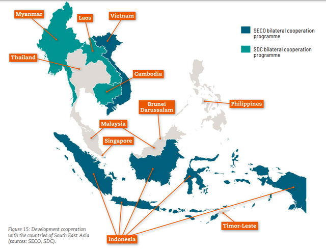 Bản đồ thể hiện chiều sâu hợp tác giữa Thụy Sĩ với các nước Đông Nam Á. Việt Nam và Indonesia tập trung vào kinh tế; Lào, Campuchia, Myanmar nặng về hỗ trợ phát triển và nhân đạo
