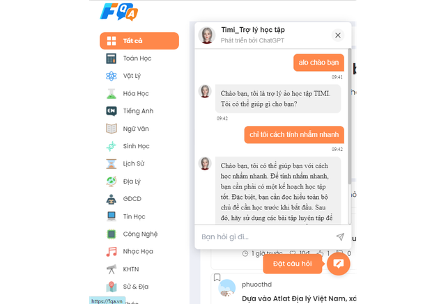 FQA.vn cung cấp các câu trả lời dễ hiểu, nhanh chóng, thông minh cho người dùng dưới diện mạo của Trợ lý học tập ảo Timi