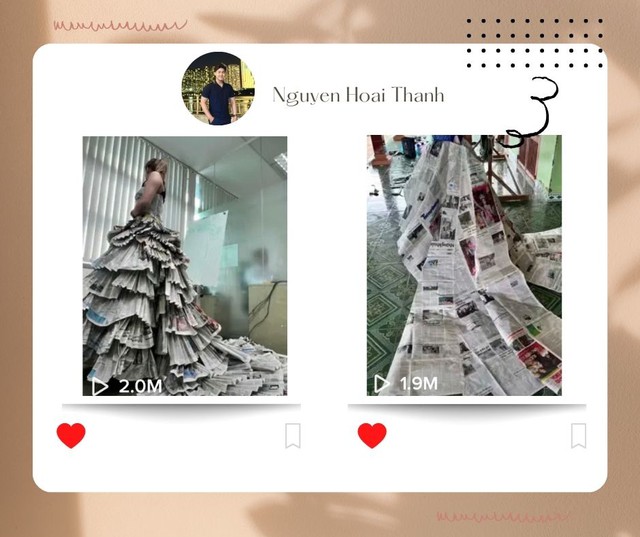 Bộ váy hoàn toàn bằng giấy báo của Nhà thiết kế Nguyễn Hoài Thanh thu hút hàng triệu lượt xem trên Tik Tok.