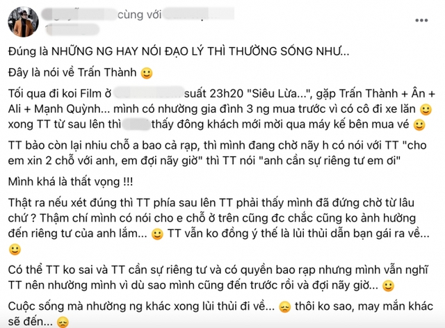 Trấn Thành bị tố tranh chỗ mua vé, bỏ tiền bao cả rạp vì muốn 'riêng tư' - Ảnh 1.