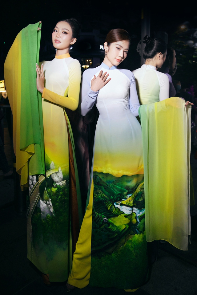 Nghệ nhân Việt đưa danh thắng lên tà áo dài lụa nhuộm ombre - Ảnh 4.